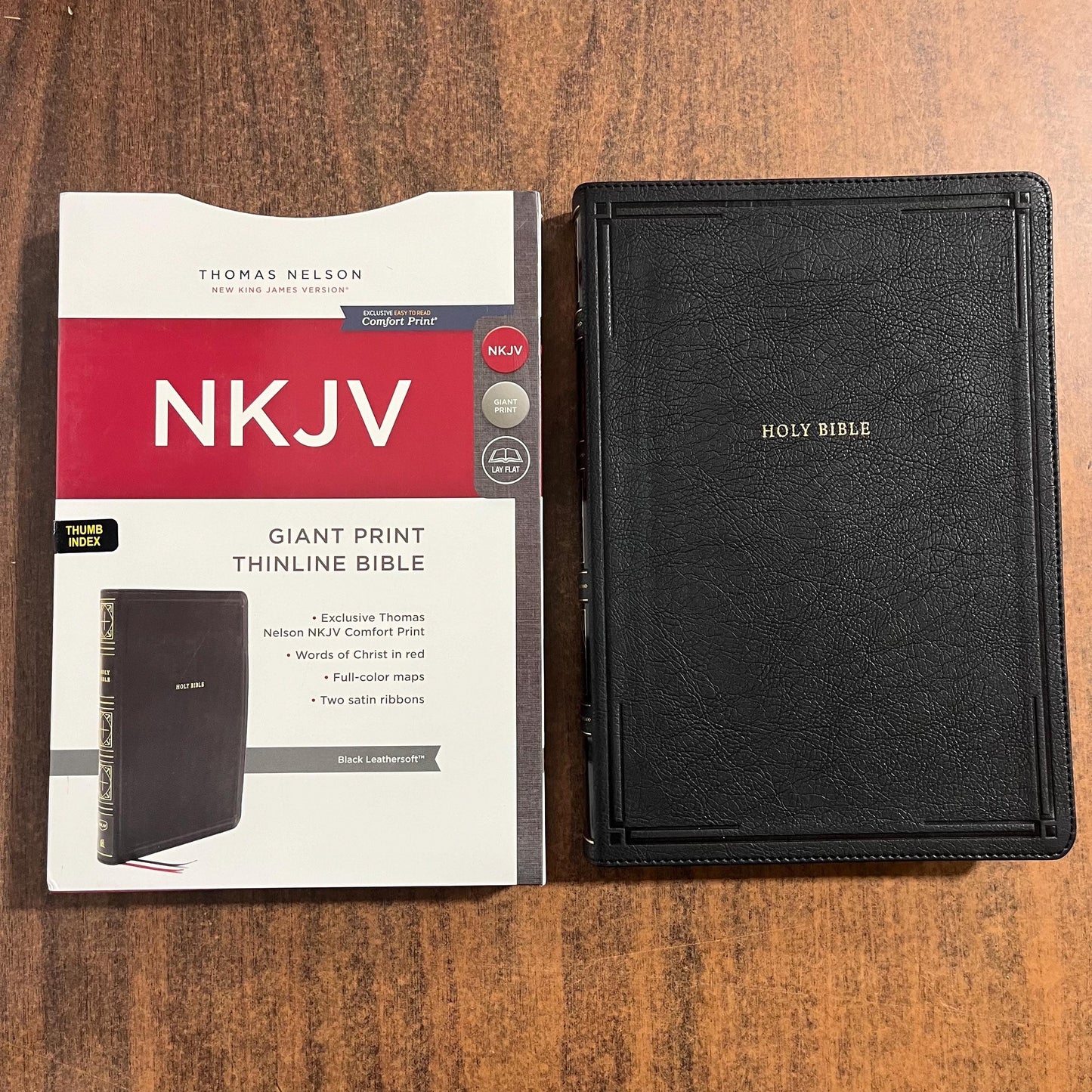 Personalized NKJV Giant Print Thinline Bible Thumb Indexed - Black Leathersoft - Custom Imprinted with a name isbn 9780785231721