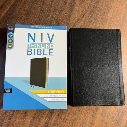 Personalized NIV Giant Print Thinline Bible Thumb Indexed - Black Bonded Leather, Custom Imprinted with name, 13 pt font 9780310448600