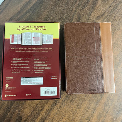 Personalized NIV Life Application Study Bible Thumb Indexed - Brown LeatherSoft - Custom Imprinted with a name, ISBN 9780310452836