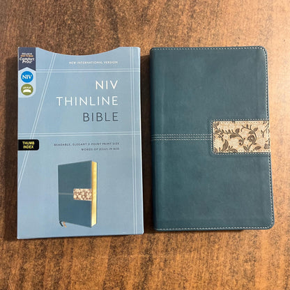 Personalized NIV Thinline Bible Thumb Indexed - Teal LeatherSoft, Custom Imprinted with a name, ISBN 9780310462101