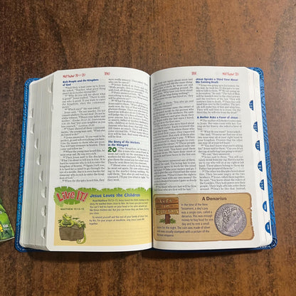 Personalized NIRV Adventure Bible Thumb Indexed with book tabs - Blue LeatherSoft, Custom Imprinted with name Kids Study Bible 9780310461876