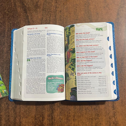 Personalized NIRV Adventure Bible Thumb Indexed with book tabs - Blue LeatherSoft, Custom Imprinted with name Kids Study Bible 9780310461876