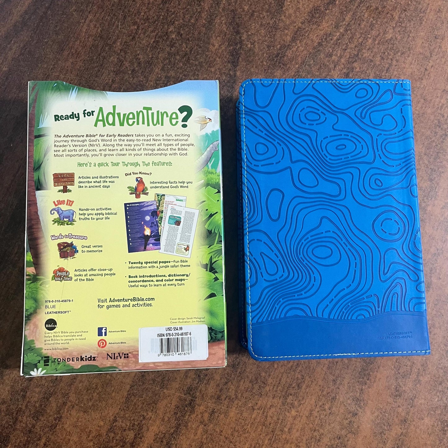 Personalized NIRV Adventure Bible Thumb Indexed with book tabs - Blue LeatherSoft, Custom Imprinted with name Kids Study Bible 9780310461876