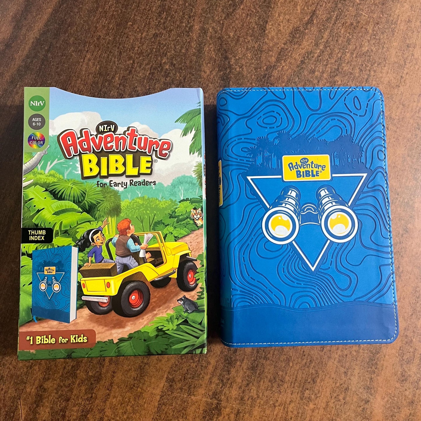 Personalized NIRV Adventure Bible Thumb Indexed with book tabs - Blue LeatherSoft, Custom Imprinted with name Kids Study Bible 9780310461876