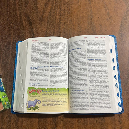 Personalized NIRV Adventure Bible Thumb Indexed with book tabs - Blue LeatherSoft, Custom Imprinted with name Kids Study Bible 9780310461876