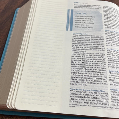 Personalized NLT Thrive Journaling Devotional Bible - Teal Blue LeatherLike Hardcover - Custom Imprinted, room for journaling, 9781496448248